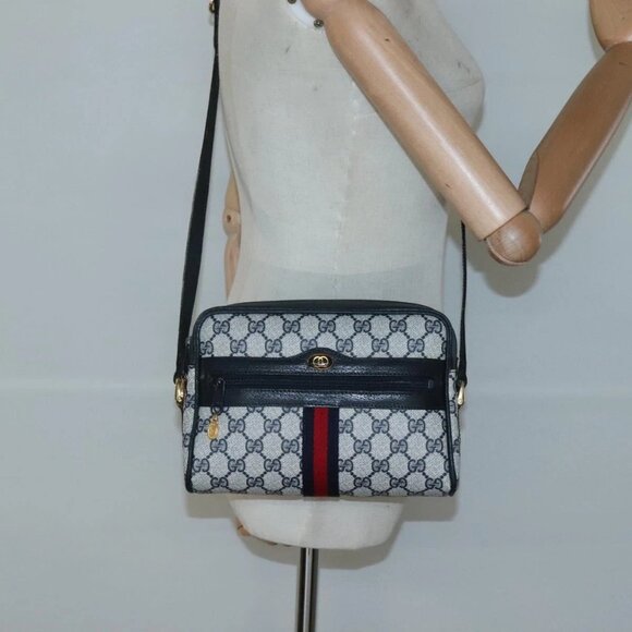 GUCCI GG Supreme Sherry Line Shoulder Bag PVC Navy Gold - Picture 1 of 16